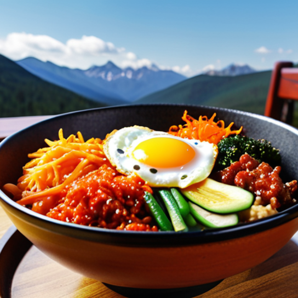 **Image Prompt:** A vibrant Korean bibimbap bowl on a wooden table, showcasing colorful vegetables, a fried egg, and gochujang sauce. Background: A blurred view of the Canadian Rocky Mountains.