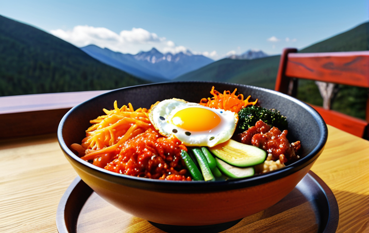 **Image Prompt:** A vibrant Korean bibimbap bowl on a wooden table, showcasing colorful vegetables, a fried egg, and gochujang sauce. Background: A blurred view of the Canadian Rocky Mountains.