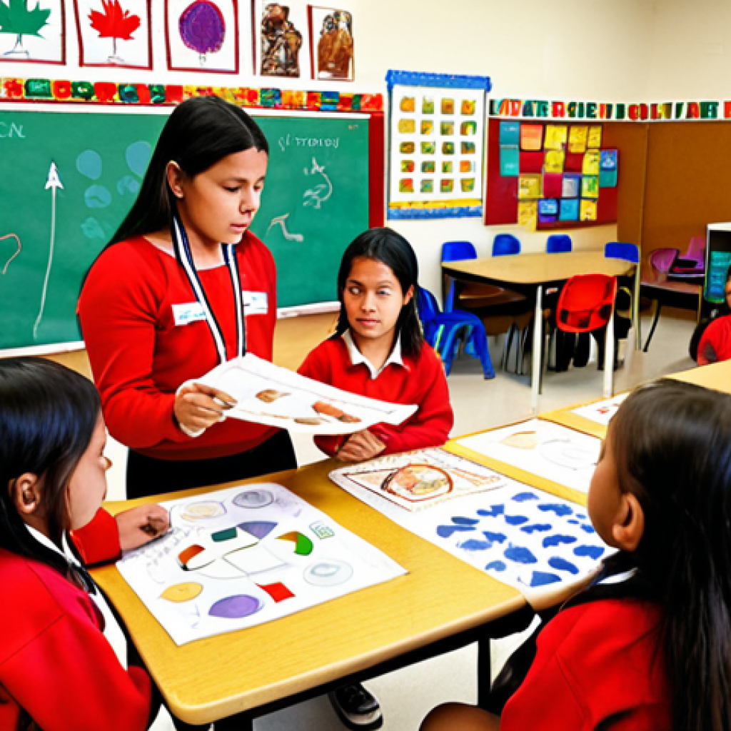 **Indigenous language revitalization:** A vibrant classroom scene showcasing Indigenous children participating in a language immersion program. The setting should feature colorful learning materials, traditional artwork, and a map of Canada highlighting the territories of various Indigenous nations. The children are actively engaged in speaking and learning their ancestral language, guided by an Indigenous teacher.
