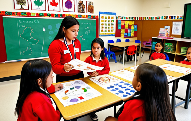 **Indigenous language revitalization:** A vibrant classroom scene showcasing Indigenous children participating in a language immersion program. The setting should feature colorful learning materials, traditional artwork, and a map of Canada highlighting the territories of various Indigenous nations. The children are actively engaged in speaking and learning their ancestral language, guided by an Indigenous teacher.