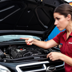 **

A woman (Spanish influencer look) inspecting a used car engine bay at a mechanic's garage in Canada (perhaps with a Tim Hortons visible in the background). Focus on the mechanic pointing something out.  Keywords: used car, inspection, mechanic, Canada, automotive.

**