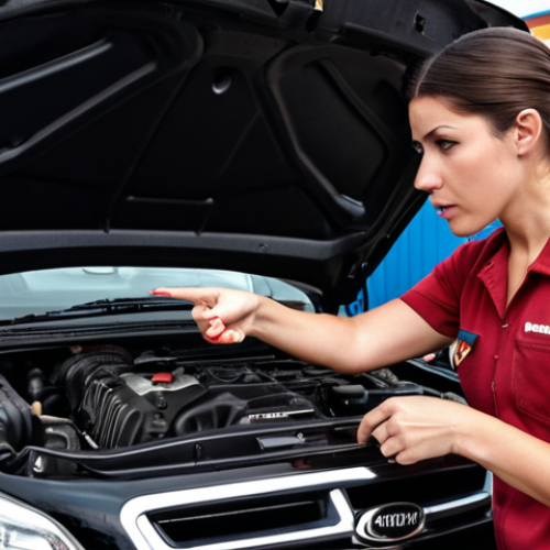 Home 25 **
A woman (Spanish influencer look) inspecting a used car engine bay at a mechanic's garage in Canada (perhaps with a Tim Hortons visible in the background). Focus on the mechanic pointing something out. Keywords: used car, inspection, mechanic, Canada, automotive.
**