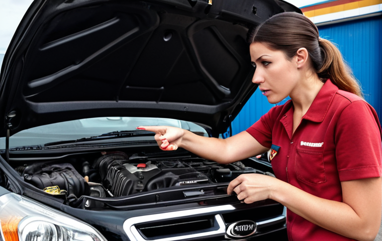 **

A woman (Spanish influencer look) inspecting a used car engine bay at a mechanic's garage in Canada (perhaps with a Tim Hortons visible in the background). Focus on the mechanic pointing something out.  Keywords: used car, inspection, mechanic, Canada, automotive.

**