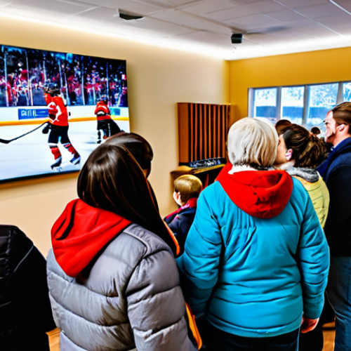 Home 24 A diverse group of Canadian adults and children, fully clothed in warm, modest winter attire and casual team-inspired sweaters, gathered in a cozy community center common area. They are watching a hockey game on a large screen, with expressions of shared excitement and focus, representing the national passion for the sport. The background shows subtle hints of Canadian winter decor. Professional photography, realistic, vibrant colors, detailed, perfect anatomy, correct proportions, natural pose, well-formed hands, proper finger count, natural body proportions, safe for work, appropriate content, family-friendly.