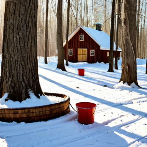 Home 23 Maple Syrup Harvest**
"A picturesque scene of a snowy Canadian forest, maple trees tapped with buckets collecting sap, a rustic sugar shack in the background, warm sunlight filtering through the trees, family-friendly, safe for work, fully clothed lumberjacks, appropriate content, professional photography, natural proportions."
**