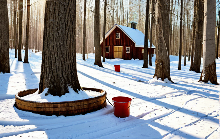 Maple Syrup Harvest**

"A picturesque scene of a snowy Canadian forest, maple trees tapped with buckets collecting sap, a rustic sugar shack in the background, warm sunlight filtering through the trees, family-friendly, safe for work, fully clothed lumberjacks, appropriate content, professional photography, natural proportions."

**