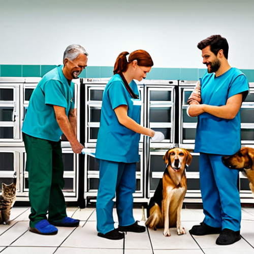 Home 22 **
"A group of volunteers working at a bright, clean animal shelter, caring for dogs and cats. Fully clothed, appropriate attire, safe for work, professional environment, perfect anatomy, natural proportions, family-friendly, well-lit, focus on compassion and care, modest setting."
**