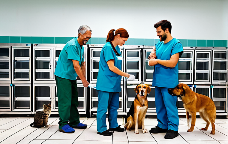 **

"A group of volunteers working at a bright, clean animal shelter, caring for dogs and cats. Fully clothed, appropriate attire, safe for work, professional environment, perfect anatomy, natural proportions, family-friendly, well-lit, focus on compassion and care, modest setting."

**