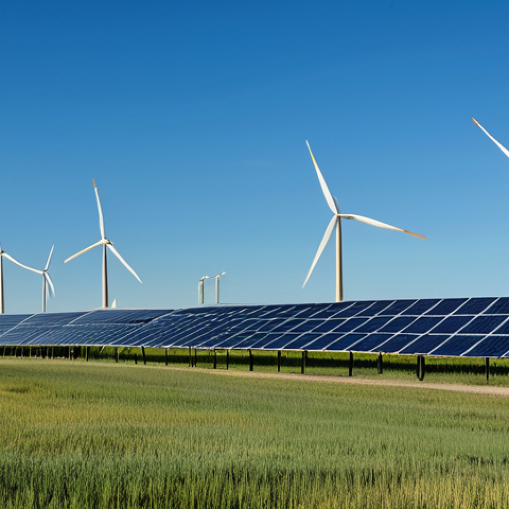 Renewable Energy in Alberta**

"A modern solar panel farm in the Alberta prairies, with wind turbines in the background, blending with the natural landscape, fully clothed workers maintaining the panels, clear blue sky, promoting clean energy, appropriate content, safe for work, perfect anatomy, natural proportions, professional, family-friendly, high resolution."

**