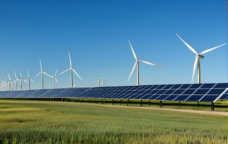 Renewable Energy in Alberta**

"A modern solar panel farm in the Alberta prairies, with wind turbines in the background, blending with the natural landscape, fully clothed workers maintaining the panels, clear blue sky, promoting clean energy, appropriate content, safe for work, perfect anatomy, natural proportions, professional, family-friendly, high resolution."

**