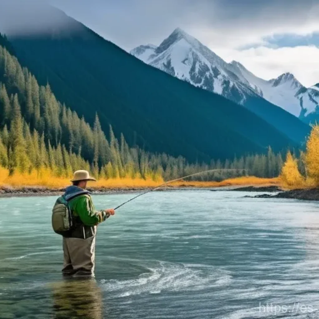 캐나다에서 낚시하기 좋은 장소 - **A majestic autumn fishing scene in British Columbia, Canada.** A lone male angler, approximately 4...