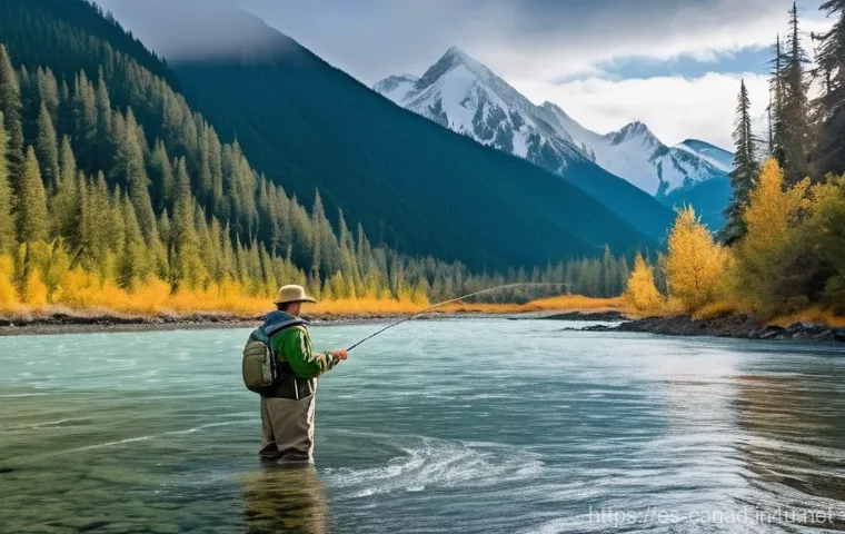 캐나다에서 낚시하기 좋은 장소 - **A majestic autumn fishing scene in British Columbia, Canada.** A lone male angler, approximately 4...