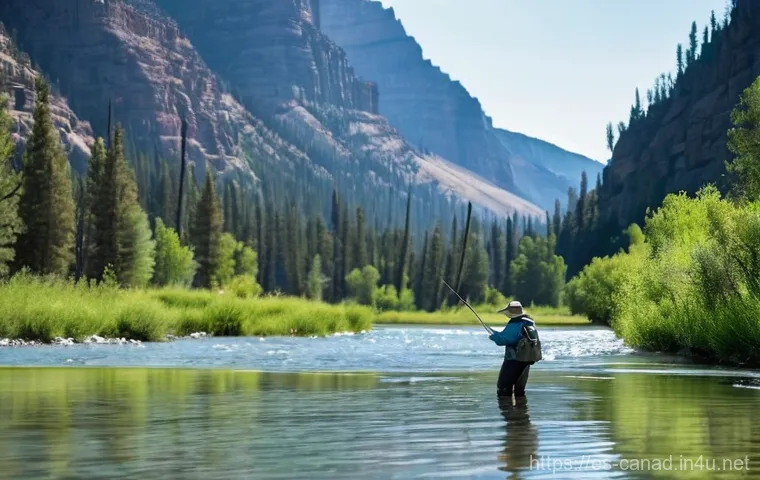 캐나다에서 낚시하기 좋은 장소 - **A majestic autumn fishing scene in British Columbia, Canada.** A lone male angler, approximately 4...