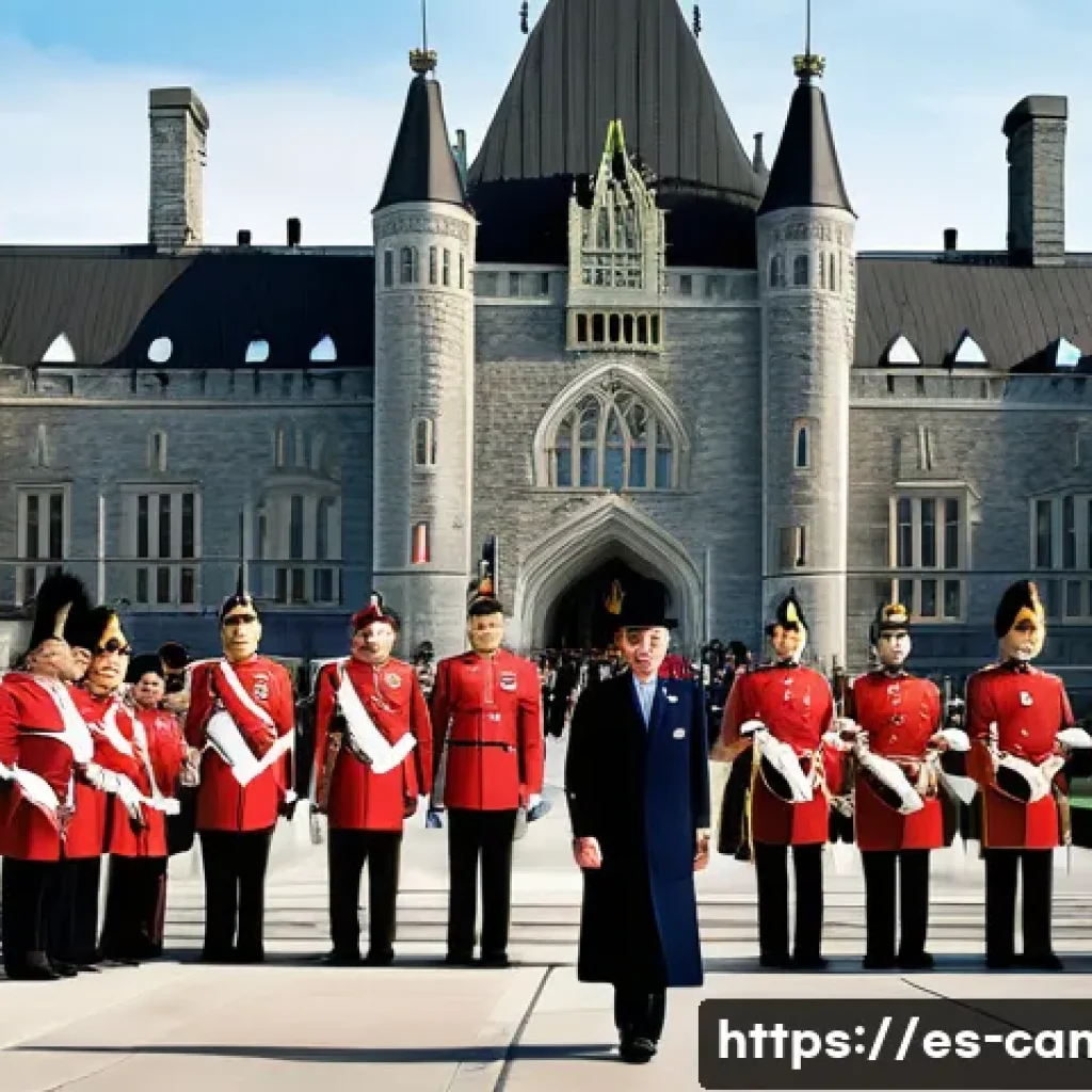 캐나다 정치 체계와 주요 정당 - A detailed and vibrant illustration of Canada&rsquo;s constitutional monarchy, featuring a dignified symbo...