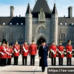 캐나다 정치 체계와 주요 정당 - A detailed and vibrant illustration of Canada&rsquo;s constitutional monarchy, featuring a dignified symbo...