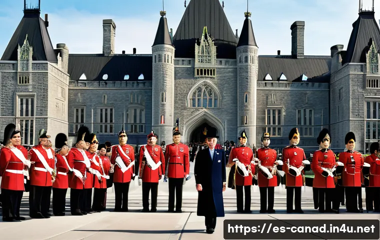 캐나다 정치 체계와 주요 정당 - A detailed and vibrant illustration of Canada’s constitutional monarchy, featuring a dignified symbo...