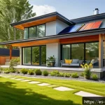 캐나다 부동산 시장 전망 - A modern eco-friendly house in a Canadian suburban neighborhood during daytime, featuring solar pane...