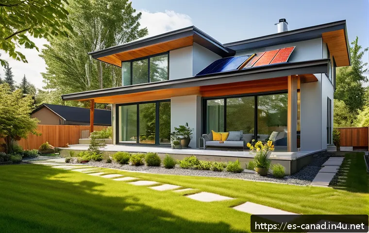 캐나다 부동산 시장 전망 - A modern eco-friendly house in a Canadian suburban neighborhood during daytime, featuring solar pane...