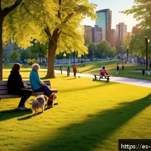 캐나다에서 가장 안전한 도시 - A vibrant Canadian city park at sunset, featuring well-lit streets, lush green open spaces, and fami...