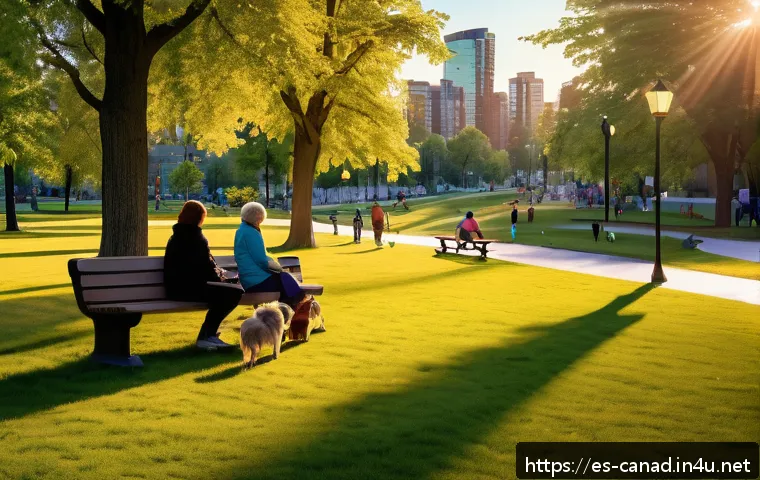 캐나다에서 가장 안전한 도시 - A vibrant Canadian city park at sunset, featuring well-lit streets, lush green open spaces, and fami...