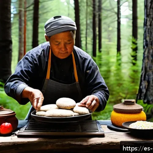 캐나다 전통 음식 추천 - A rustic Canadian indigenous kitchen scene showcasing traditional bannock bread baking on hot stones...