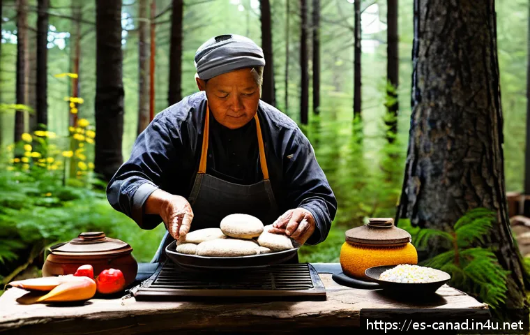 캐나다 전통 음식 추천 - A rustic Canadian indigenous kitchen scene showcasing traditional bannock bread baking on hot stones...