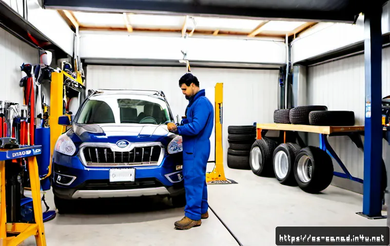 캐나다에서 자동차 수리 및 정비소 추천 - Photorealistic Canadian auto repair garage in winter, a friendly bilingual-looking Hispanic Canadian...