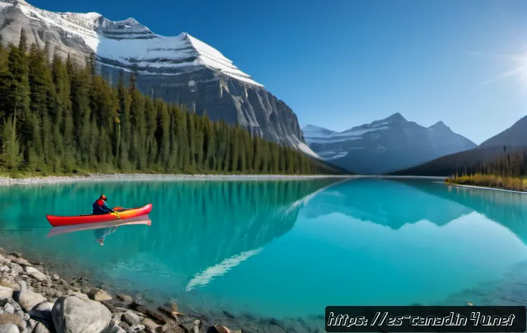 캐나다에서 카누와 카약을 즐기기 좋은 곳 - Photorealistic wide-angle scene of two adult paddlers in separate brightly colored canoes gliding ac...