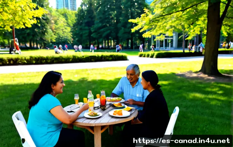 캐나다에서 문화적 다양성과 다민족 사회 이해하기 - Photorealistic multicultural community gathering in a bright Canadian urban park, Hispanic Canadian ...